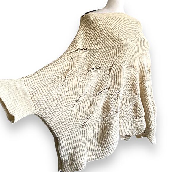 Y2k Slouchy Off Shoulder Chenille Sweater Sz S/M Cream Scallop Hem Dolman Sleeve - Picture 8 of 12